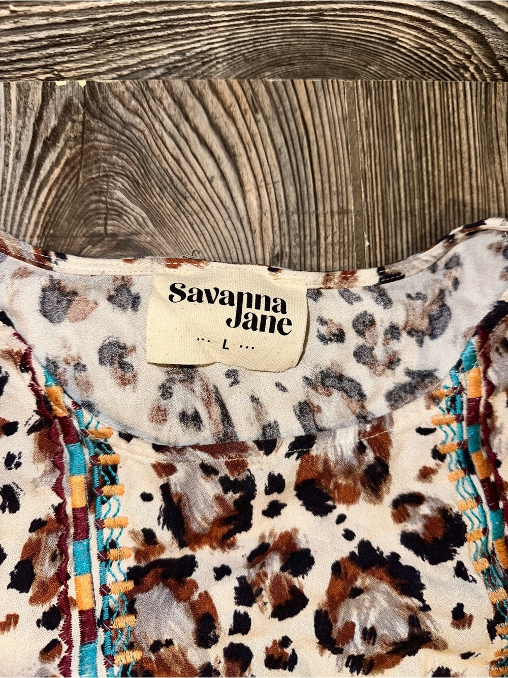 Savanna Jane Cream Leopard Print Blouse with Turquoise Trim Balloon Sleeves L - Picture 7 of 8